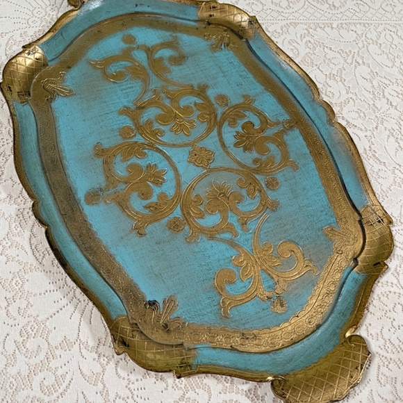 Vtg Florentine Italian Wood Guilded Toleware Tray Turquoise/Gold 22 ¾"L x 14.5"W - Picture 5 of 6
